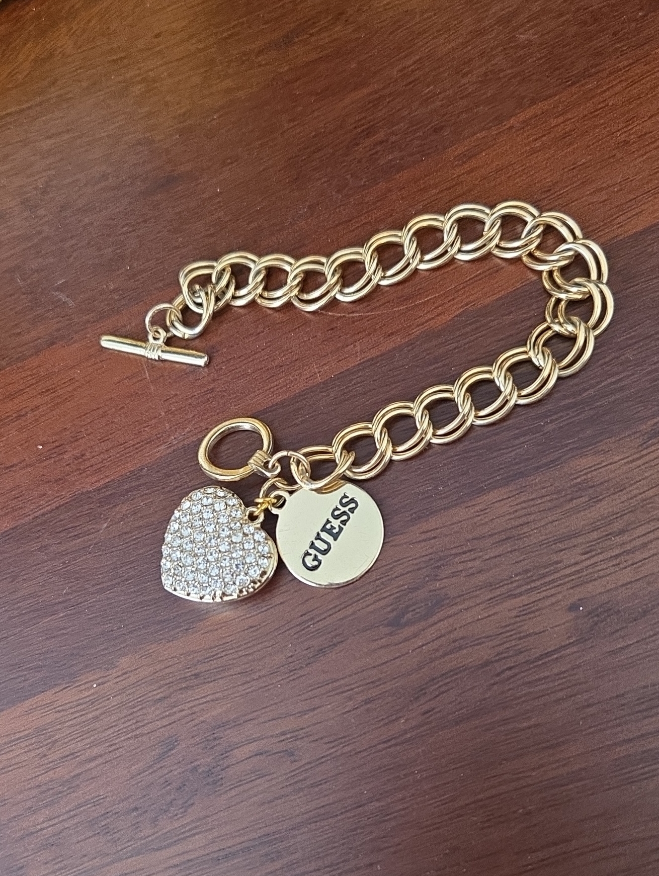 Guess Gold-Tone Pav Heart Charm Chain Bracelet